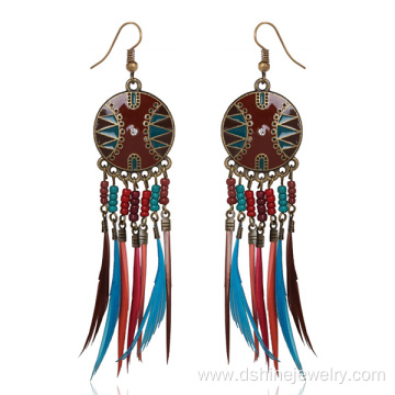 Wholesale Beaded Style Beach Gilded Hoop Feather Earrings